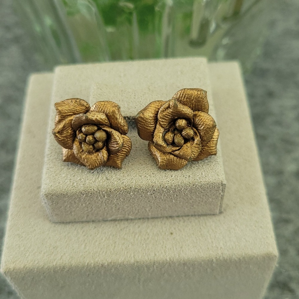 Gold Tone Sculpted Rose Flower Earrings Dimensional Floral Statement